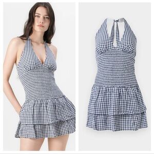 Hollister Navy and White Gingham Halter Dress Festival Feminine Dress Size L